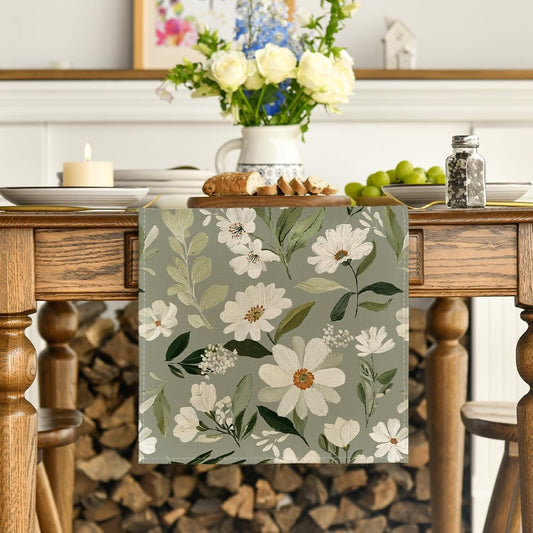 Olive Green Daisy Flowers 210 GSM Spring Table Runner, Seasonal Summer Kitchen Dining Table Decoration for V1258-DP02-B-1668