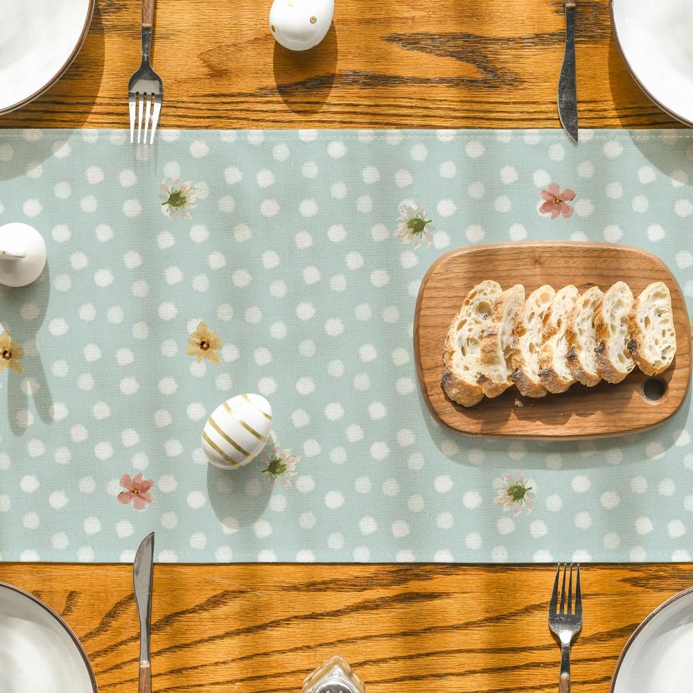 Bunny Rabbit Floral Polka Dot Happy Easter Table Runner,Seasonal Spring Kitchen Dining Table Decoration for V1258-DP02-B-1679