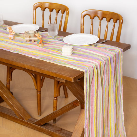 Easter Spring Table Runner Pastel Stripe Floral Cheesecloth Gauze 120 Inch Rustic Boho Cheese Cloth Runner V1258-DP02-B-1702
