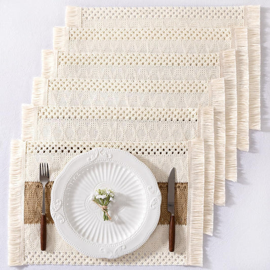 Boho Placemats Set of 6 Washable Cotton Burlap Farmhouse Table Mats Macrame Woven Dinner Table Decor V1258-DP02-B-1705