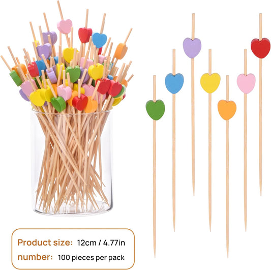 100 Pack Fruit Toothpicks, Heart-Shaped Bamboo Cocktail Picks, Natural Bamboo Toothpicks for Appetizers Fruit V1258-DP02-B-1710