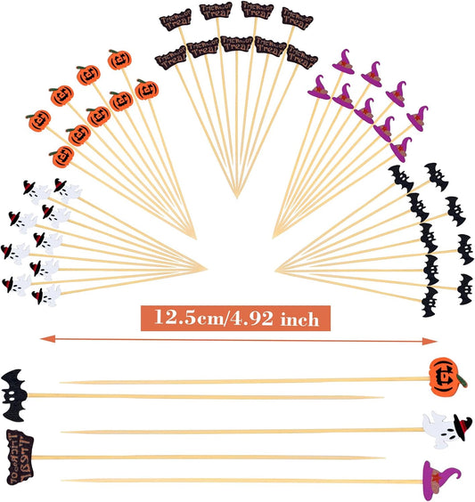 100 Pack Halloween Toothpicks for Appetizers, 4.7 Inch Natural Bamboo Cocktail Picks for Cake Dessert Food V1258-DP02-B-1717