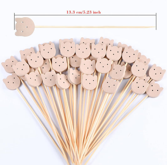100 Pcs Fancy Toothpicks for Appetizers, 4.7 Inch Bear Face Cocktail Picks for Party Decoration, Bamboo V1258-DP02-B-1723