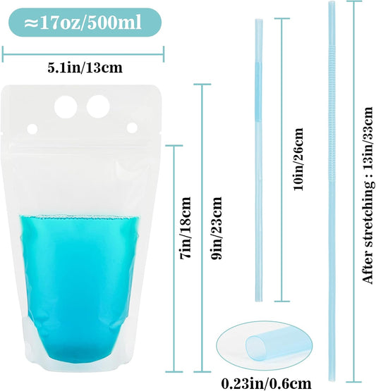 44 Drink Pouches with Straws Individually-Wrapped - 17oz Juice Drink Pouches Adults Alcohol Clear Plastic V1258-DP02-B-1737