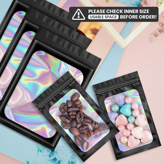 100 pcs Black Mylar Holographic Bags Packaging Bags,Clear Resealable Bag Foil Pouch Bag for Food Storage and V1258-DP02-B-1791