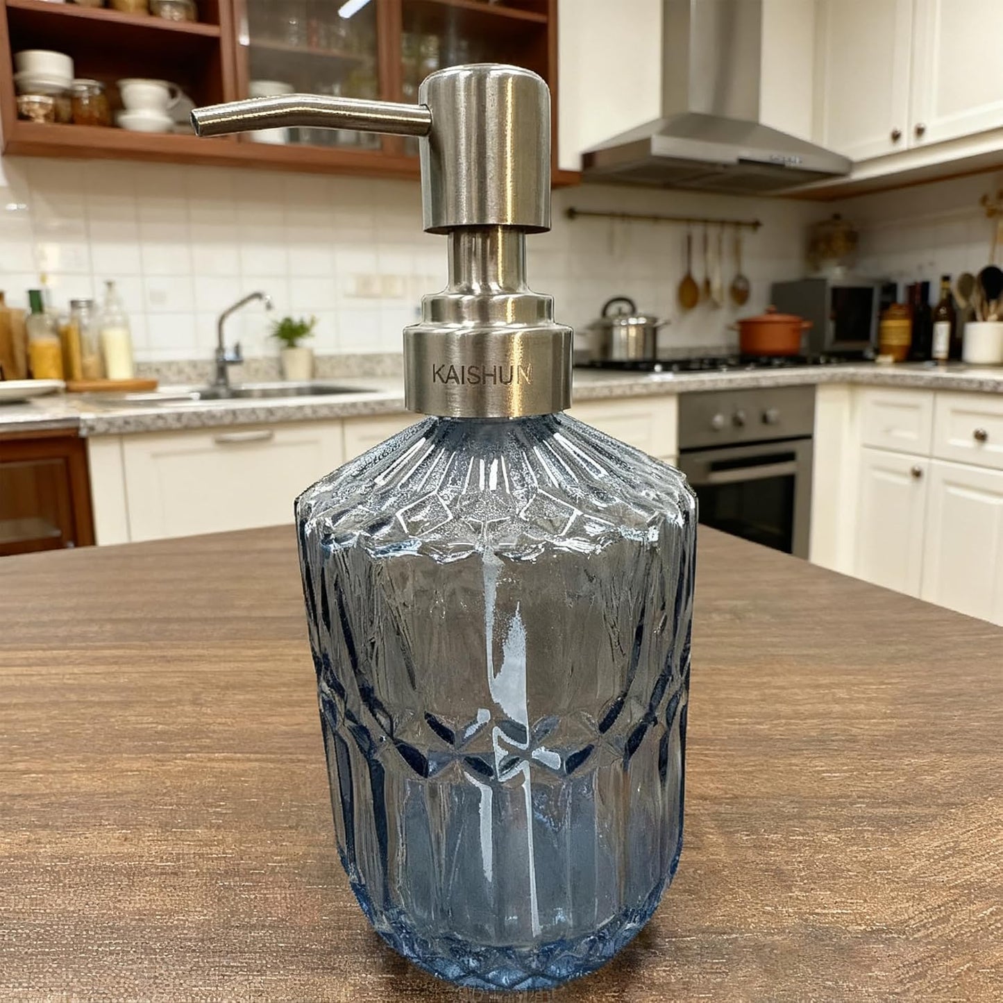 13 Oz Refillable Soap Dispenser, Glass Soap Dispenser for Dispense Hand Soap, Dish Soap, Lotion (Blue) V1258-DP02-B-1820