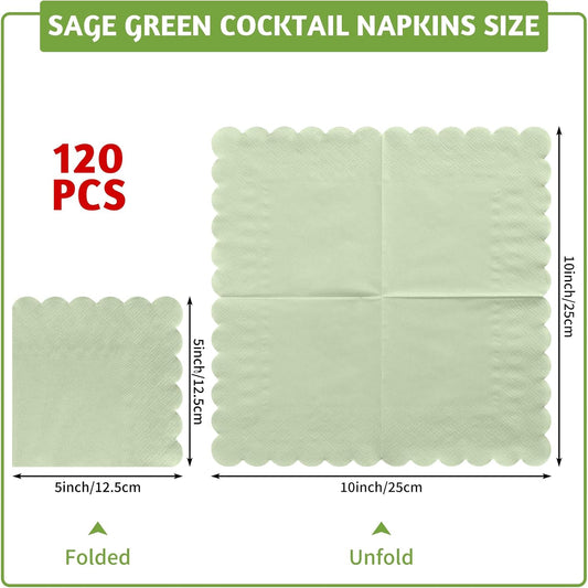 120 Pcs Cocktail Napkins Sage Green Wedding Napkins Disposable Baby Shower Scalloped Napkins for Bridal V1258-DP02-B-1840