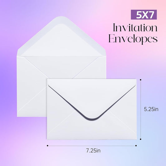 50PACK 5x7 Envelopes for Invitations, White A7 Envelopes for Wedding, Graduation, RSVP Cards, Gummed V Flag 5 V1258-DP02-B-1857