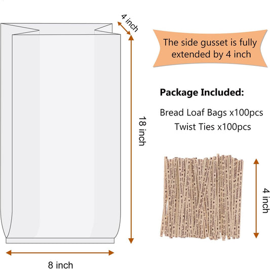 Bread Bags With Ties,100 Pieces 18x4x8 Inches Reusable Plastic Loaf Storage Bags for Homemade Bread Gift V1258-DP02-B-1867