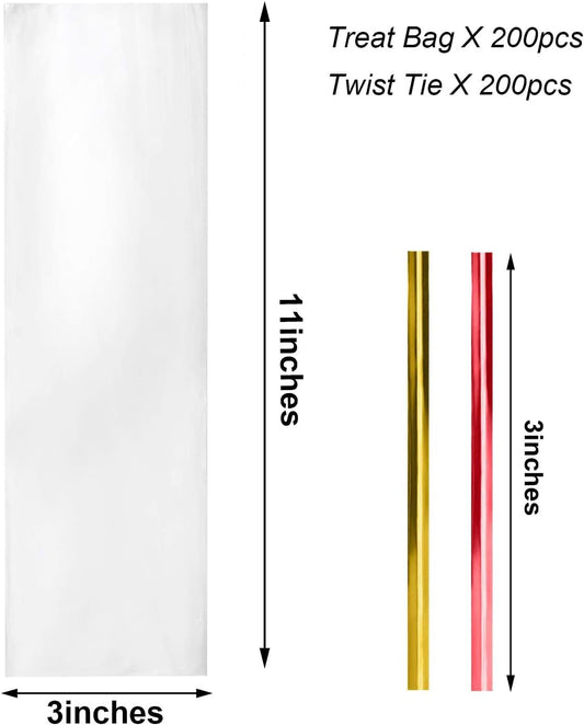 Cellophane Treat Bags,200 Pcs 3x11 Inches Clear Pretzel Bags,Cello Bags with Twist Ties for Packaging V1258-DP02-B-1904