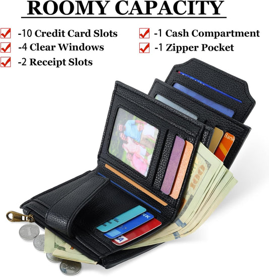 Small Wallet Women RFID Blocking Genuine Leather Bifold Compact Card Holder for Women with Zipper Coin Pocket V1258-DP02-B-1909