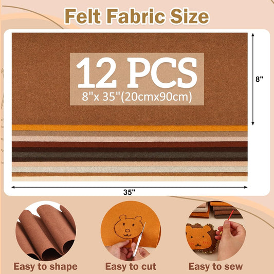 12 Rolls 8"x35"(20.5x90cm) 1.4mm Thick Soft Felt Fabric Sheet 12 Assorted Brown Tone Series Colors Felt Pack V1258-DP02-B-1949