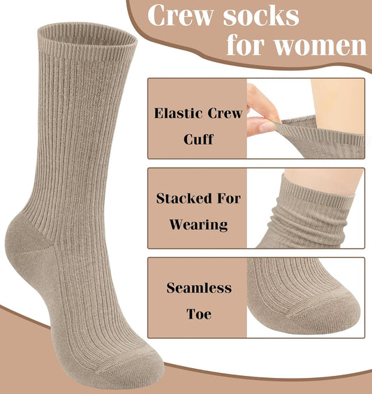 Women's Cotton Crew Socks 6 Pairs, Long Cute Aesthetic Neutral Athletic Boot Socks for Women Stocking V1258-DP02-B-1973