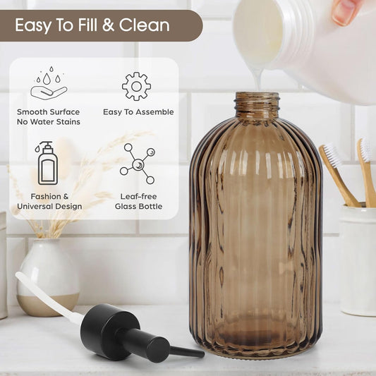 13.5oz Stripe Glass Soap Dispenser with Black Plastic Pump, 400ml Liquid Hand Soap Dispenser, Rustproof Pump V1258-DP02-B-1992