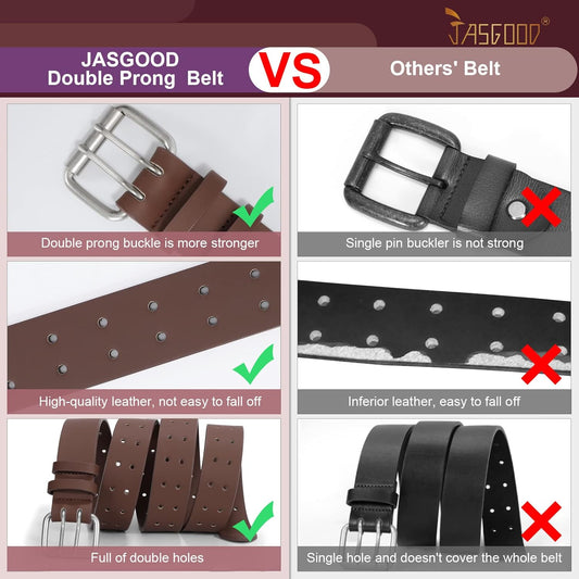 Men Double Prong PU Leather Belt Casual Work Heavy Duty Belt Double Grommet Holes Belt for Jeans V1258-DP02-B-2020