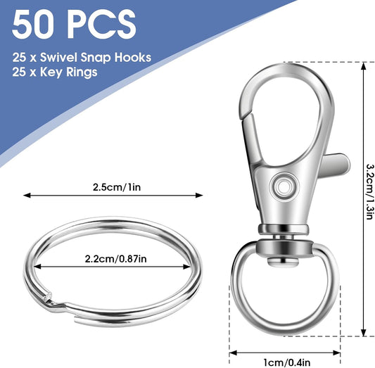50 PCS in 25 Sets, Metal Swivel Lobster Claw Clasps, Keychain Clip with Large Key Ring, Premium Keychains V1258-DP02-B-2030