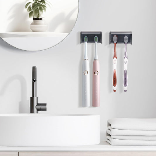2 PCS Toothbrush Holders Wall Mounted with Cover, Electric Tooth Brushing Holder for Bathroom, 2 Slots Self V1258-DP02-B-2042
