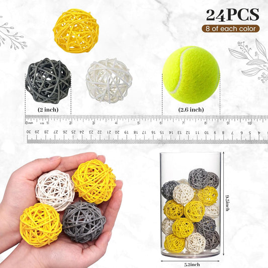 24PCS Yellow Decorative Balls for Bowl Centerpiece, 2 Inch Rattan Bowl Fillers - Wicker Twig Orbs Spheres for V1258-DP02-B-2047