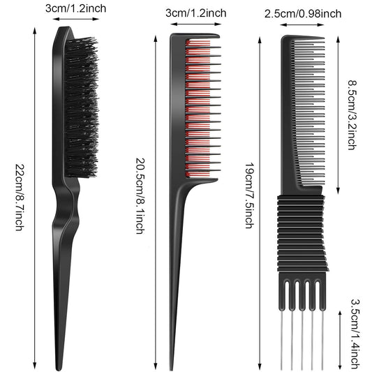3 Pieces Pick Teasing Combs Hair Brush Set Includes Black Carbon Lift with Metal Prong, Triple Pin Rat Tail V1258-DP02-B-206