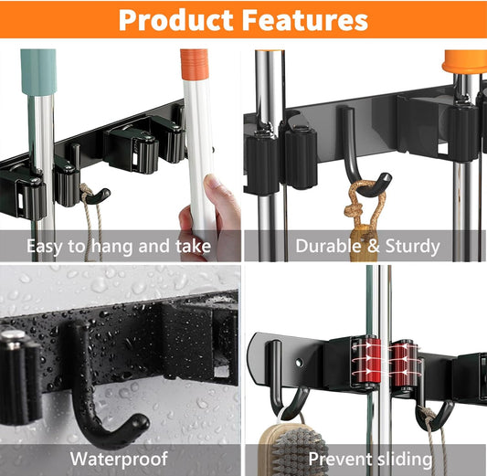 Mop and Broom Holder Wall Mount, Upgraded Broom Organizer Wall Mount, Stainless Steel Broom Hanger Wall Mount V1258-DP02-B-2103