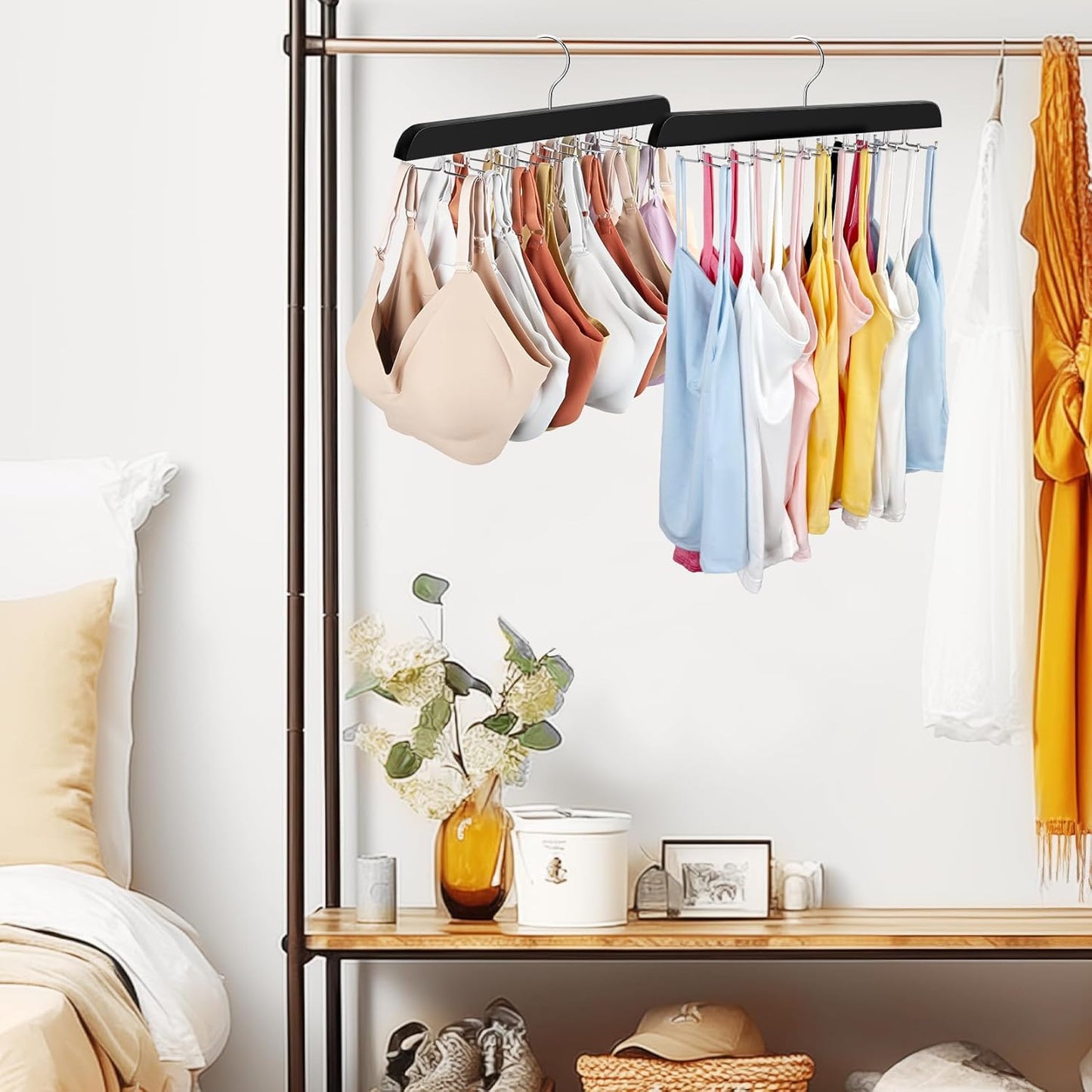 Tank Top Hanger with Premium Wood, 24 Large Capacity, Space Saving,360 Degree Rotating, Foldable Metal Hooks, V1258-DP02-B-2132
