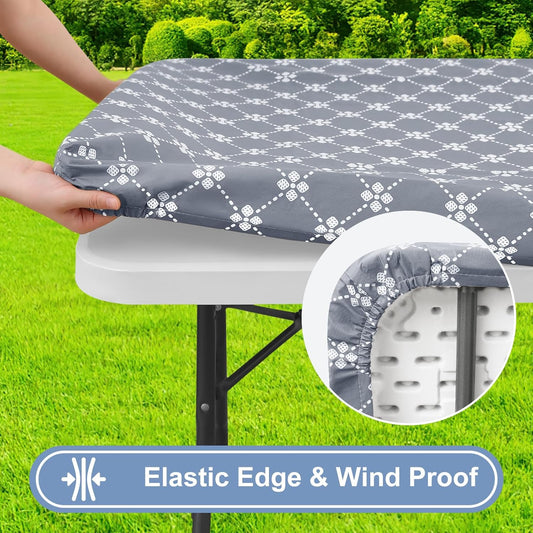 Rectangle Vinyl Table Cloth, Elastic Fitted Tablecloth with Flannel Backing, Waterproof Plastic Table Cover V1258-DP02-B-2133