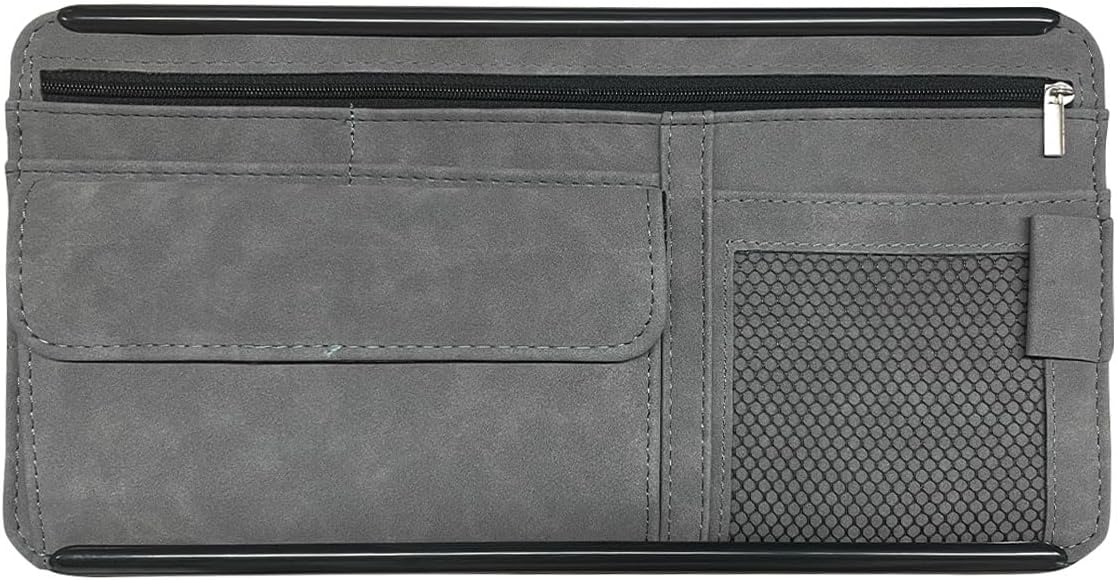 Suede Car Sun Visor Organizer with Multi-Pocket Net Zipper, Glasses Case, Sunglass Holder (Grey) V1258-DP02-B-2217