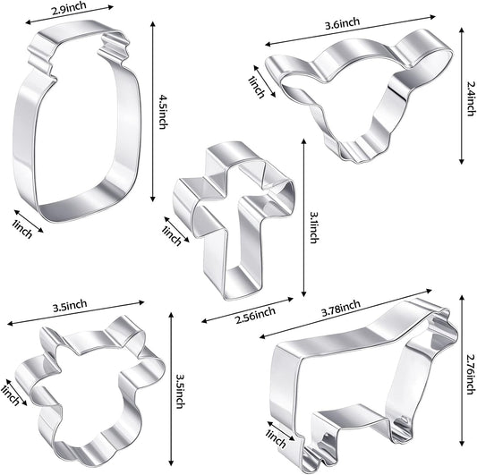 5 Pieces Cow Cookie Cutter Set, Farmhouse Theme, 5 Different Farm Animals Theme Cutters, Steel Cow Head, Milk V1258-DP02-B-248