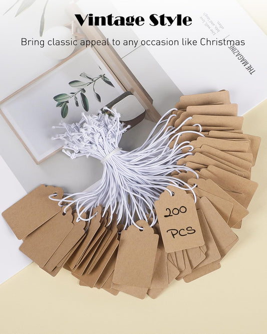 200 Pcs Kraft Price Tags with Elastic String Attached Writable Brown Kraft Paper Tag Hang Tags for Pricing V1258-DP02-B-2758