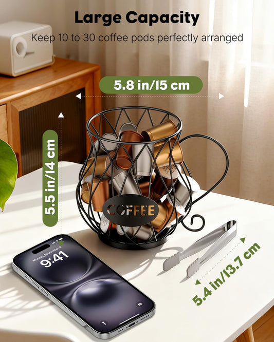 K Cup Holder with Ice Tongs, Large Capacity Coffee Pod Holder for 10-30 Capsules, Metal Wire K Cup Organizer V1258-DP02-B-2766