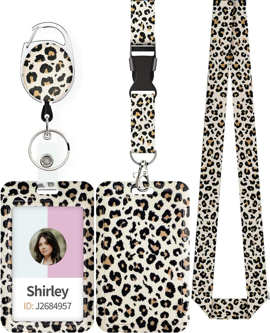 Fashionable Sliding Badge Holder Leopard Print & Pink Marble Plastic Case with Retractable Badge Reel V1258-DP02-B-2788