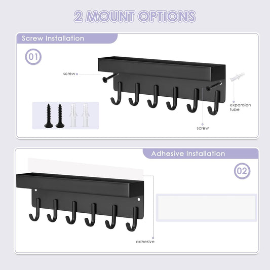 Key Holder Wall Mount, Compact Adhesive Key Rack with Tray, 6 Hooks, 2 Mount Options, Black V1258-DP02-B-285