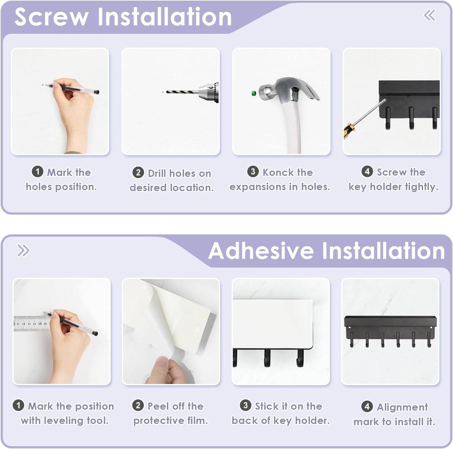 Key Holder Wall Mount, Compact Adhesive Key Rack with Tray, 6 Hooks, 2 Mount Options, Black V1258-DP02-B-285