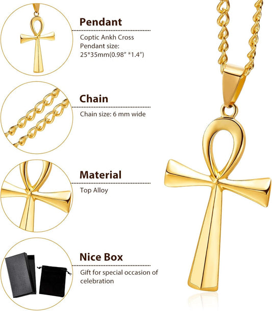 3 Pieces Men's Stainless Steel Ankh Pendant Necklace, Black, Gold, Silver V1258-DP02-B-3023