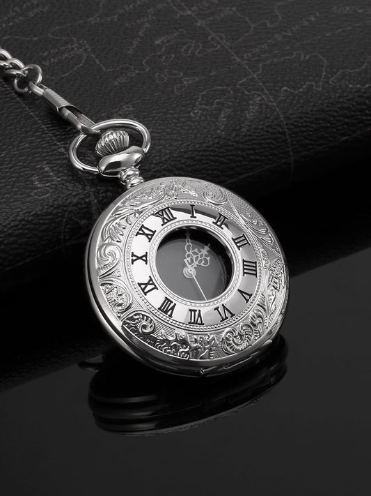 Vintage Pocket Watch Steel Men Watch with Chain (Silver) V1258-DP02-B-3029