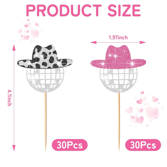 60 Pcs Glitter Disco Ball Cupcake Topper Cowboy Hat Cake Decorations Mini Cowgirl Party Decorations with V1258-DP02-B-3061