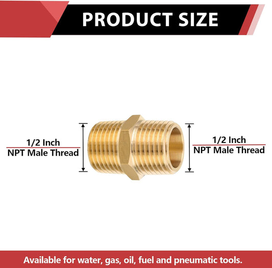 (Pack of 5) Brass Pipe Fitting, 1/2" x1/2" Male NPT Hex Nipple Straight Adapters For Copper, Brass or Iron V1258-DP02-B-3067