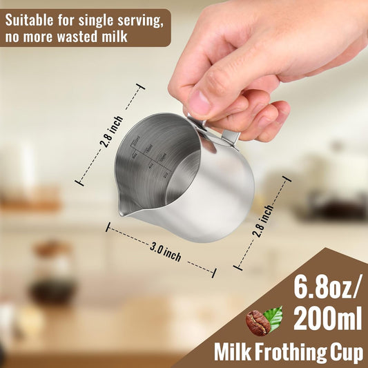 Milk Frothing Pitcher, 6.8oz/200ml Stainless Steel Milk Frother Cup, Small Steaming Pitcher for Espresso V1258-DP02-B-320