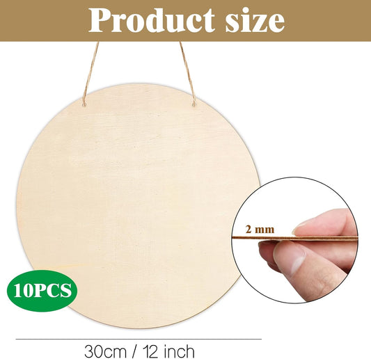 10Pcs Thickened Wood Circles for Crafts with Holes,12" Unfinished Wood Rounds Discs with Twine,Wooden Round V1258-DP02-B-3243