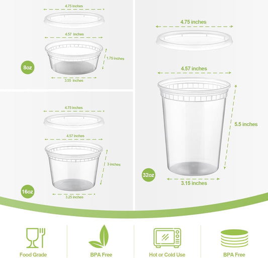 24 Sets Plastic Deli Food Containers With Lids, 8 oz 16oz 32oz Variety pack, Airtight Food Storage V1258-DP02-B-3386