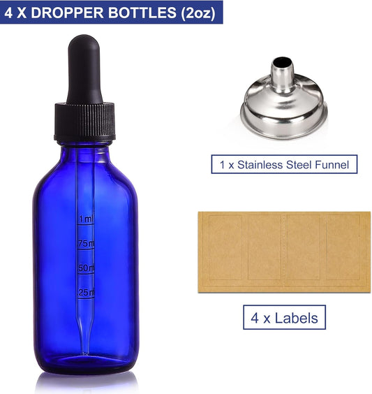 4 Pack 2 oz Glass Dropper Bottles with Measured Dropper - 60ml Dark Blue Tincture Bottles with Calibrated V1258-DP02-B-3395
