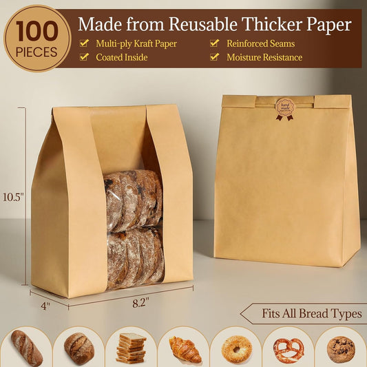 100 Pack Paper Bread Bags for Homemade, Bread Bags with Window for Sourdough Bread Storage, 13.7x8.3x3.5 V1258-DP02-B-3406