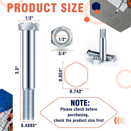 5 Pack Grade 2 Shear Bolts for Rotary Cutters Bolts and Lock Nuts Kit 1/2" x 3-1/2" with Nylock Nuts Fit V1258-DP02-B-3426