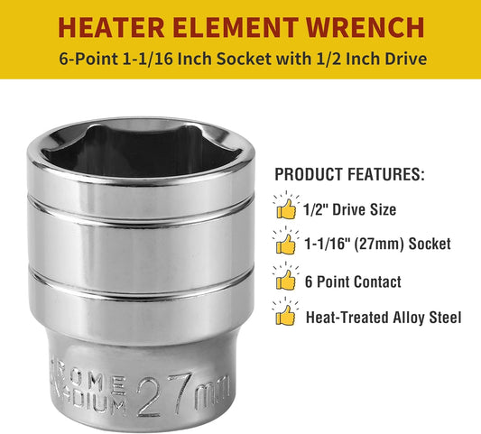 1-1/16 Inch RV Water Heater Element Socket Wrench for 3/4" NPT Thread Anode Rod, 27mm Anode Rod Socket for V1258-DP02-B-3471