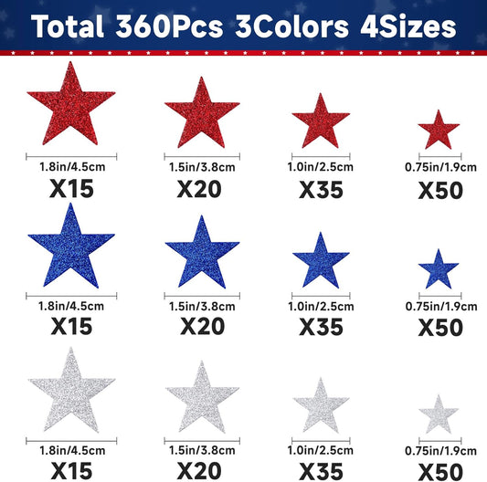 360Pcs Star Stickers - Red Blue Silver USA Patriotic Star Stickers Self Adhesive 4th of July Sticker Glitter V1258-DP02-B-348