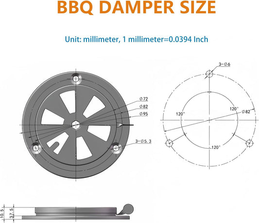 Stainless Steel BBQ Smoker Air Vent - Adjustable Grill Damper for Controlling Airflow - Replacement Parts for V1258-DP02-B-3486