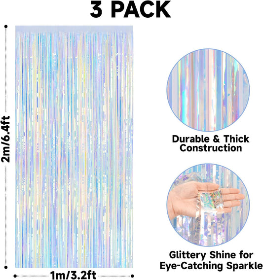 3 Pack Iridescent Tinsel Foil Fringe Curtain, Holographic Party Photo Backdrop for Mermaid Party Birthday V1258-DP02-B-3506