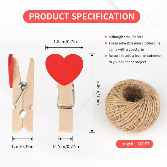 100Pcs Clothespins with String, 1.4Inch Wooden Clothes Pins with Heart, 10 Colors Heart Clips, Mini Photo V1258-DP02-B-3509