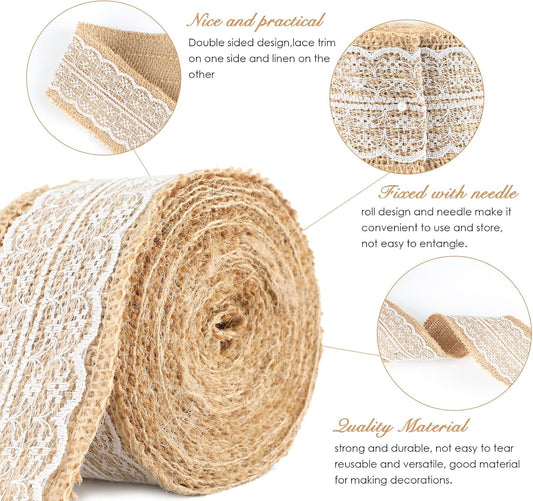 Natural Jute Burlap Ribbon Roll - 2.4Inch x 5.5Yards Rustic White Lace Burlap Ribbon Trim Tape for DIY V1258-DP02-B-3511