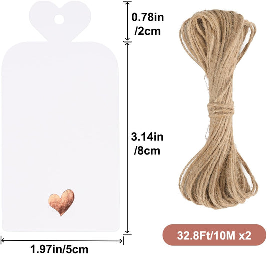 100Pcs Gift Tags with String, Blank Gift Tags with Foil Rose Gold Heart, 4x2Inch White Paper Tag, Hanging V1258-DP02-B-3514